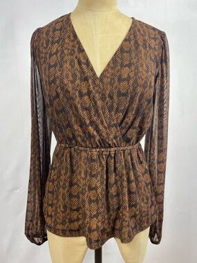 INTEMPO Leopard Print Mesh Top Black & Brown Crossover Peplum Flattering
